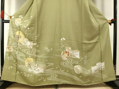 平和屋着物●訪問着　友禅　駒刺繍　草花文　金彩　正絹　逸品　未使用　AABI1820fy