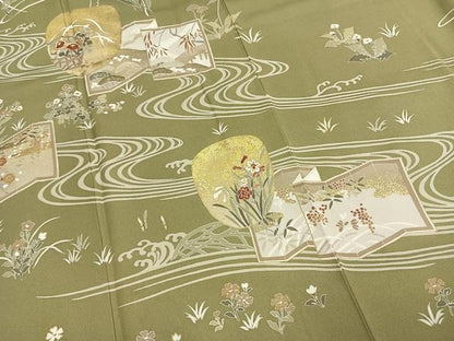 平和屋着物●訪問着　友禅　駒刺繍　草花文　金彩　正絹　逸品　未使用　AABI1820fy