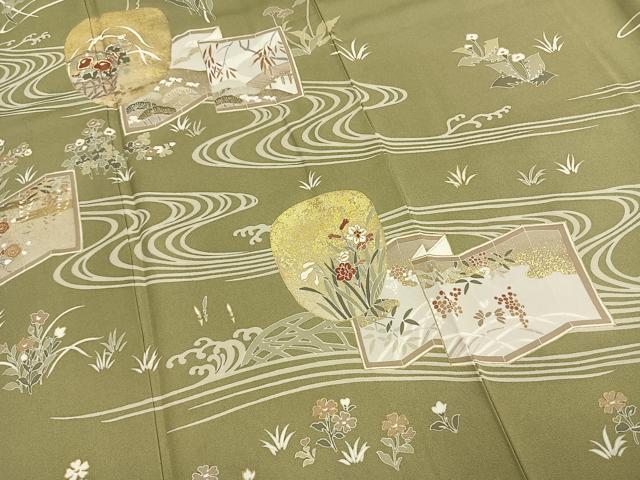 平和屋着物●訪問着　友禅　駒刺繍　草花文　金彩　正絹　逸品　未使用　AABI1820fy