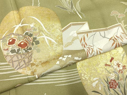 平和屋着物●訪問着　友禅　駒刺繍　草花文　金彩　正絹　逸品　未使用　AABI1820fy
