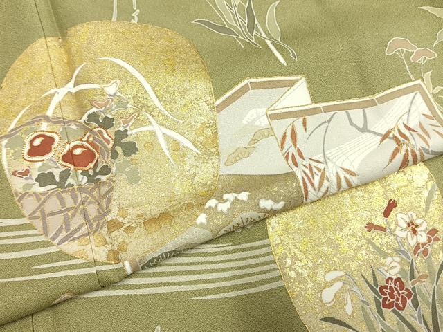 平和屋着物●訪問着　友禅　駒刺繍　草花文　金彩　正絹　逸品　未使用　AABI1820fy