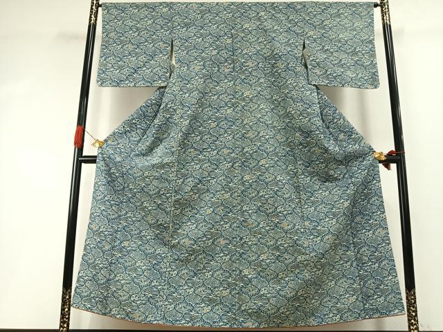 平和屋着物●上質な紬　本藍　型染め　花鳥風景文　正絹　逸品　AABI1821fy