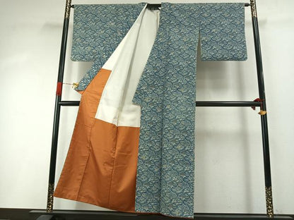 平和屋着物●上質な紬　本藍　型染め　花鳥風景文　正絹　逸品　AABI1821fy