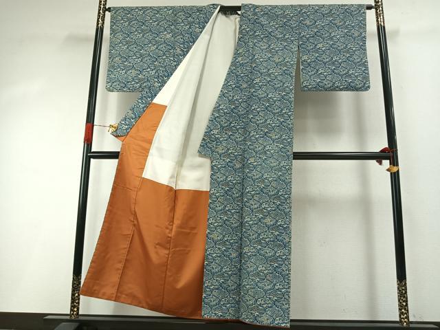 平和屋着物●上質な紬　本藍　型染め　花鳥風景文　正絹　逸品　AABI1821fy