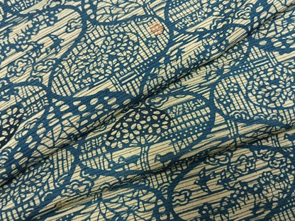 平和屋着物●上質な紬　本藍　型染め　花鳥風景文　正絹　逸品　AABI1821fy