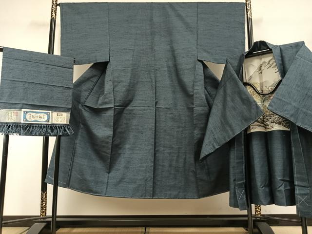 平和屋着物●男性　信州紬　アンサンブル　草木染　手織　反端付き　正絹　逸品　AABI1826fy