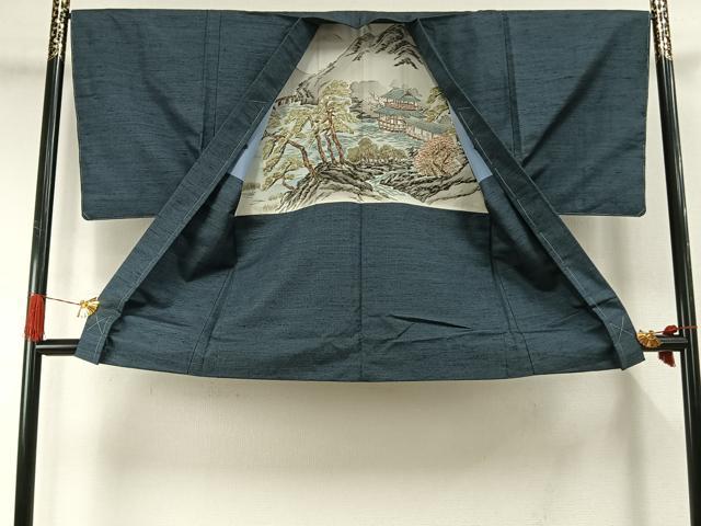 平和屋着物●男性　信州紬　アンサンブル　草木染　手織　反端付き　正絹　逸品　AABI1826fy