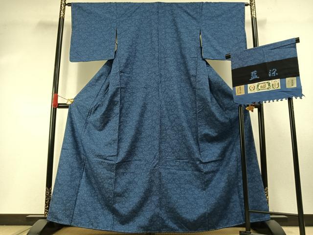 平和屋着物●結城紬　藍染　草花文　証紙付き　正絹　逸品　AABI1828fy