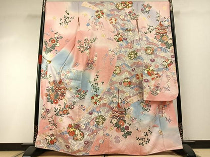 平和屋着物●豪華振袖　駒刺繍　草花文　暈し染め　金彩　正絹　逸品　AABI1845fy