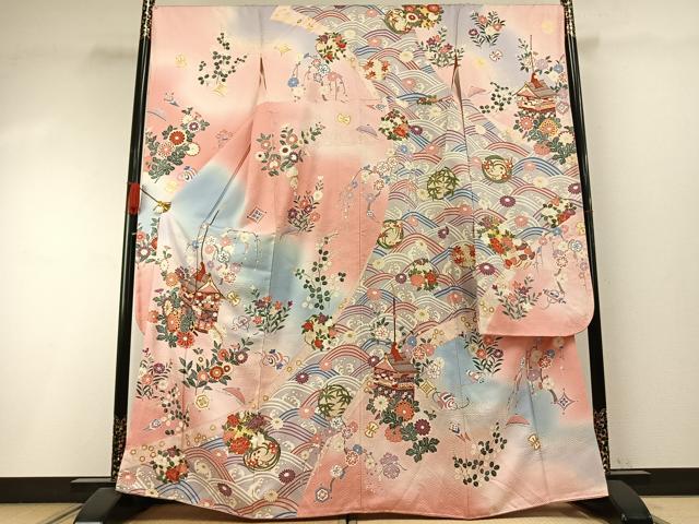 平和屋着物●豪華振袖　駒刺繍　草花文　暈し染め　金彩　正絹　逸品　AABI1845fy
