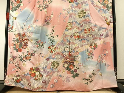 平和屋着物●豪華振袖　駒刺繍　草花文　暈し染め　金彩　正絹　逸品　AABI1845fy