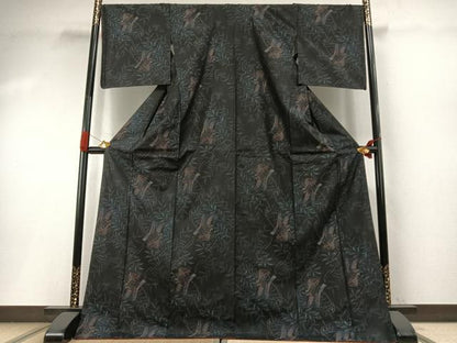 平和屋着物●本場大島紬　草葉文　黒地　ロング丈　正絹　逸品　AABI1847fy