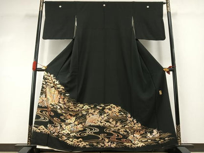 平和屋着物●金彩友禅　卓越技能者・名工・和田光正　黒留袖　松竹梅　御所車花文　金銀彩　正絹　逸品　未使用　AABI1850fy
