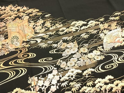 平和屋着物●金彩友禅　卓越技能者・名工・和田光正　黒留袖　松竹梅　御所車花文　金銀彩　正絹　逸品　未使用　AABI1850fy