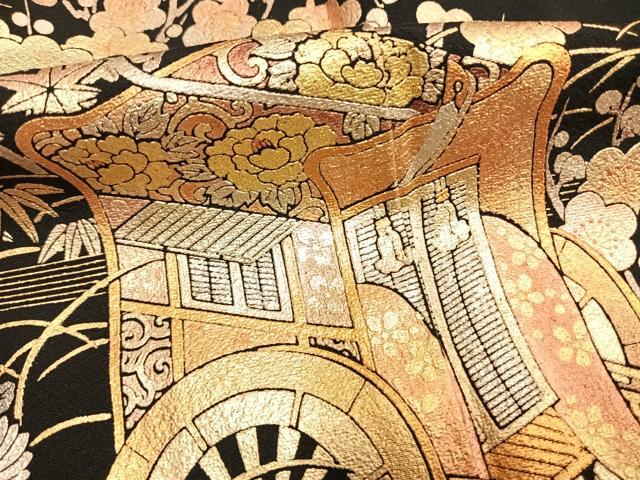 平和屋着物●金彩友禅　卓越技能者・名工・和田光正　黒留袖　松竹梅　御所車花文　金銀彩　正絹　逸品　未使用　AABI1850fy
