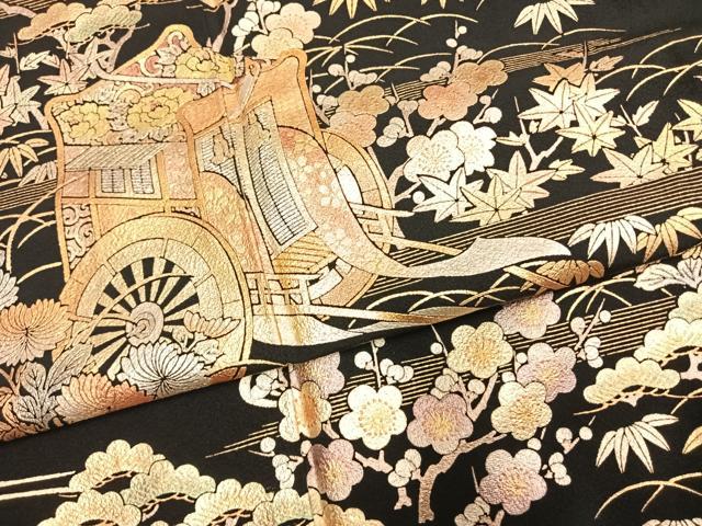 平和屋着物●金彩友禅　卓越技能者・名工・和田光正　黒留袖　松竹梅　御所車花文　金銀彩　正絹　逸品　未使用　AABI1850fy