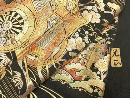 平和屋着物●金彩友禅　卓越技能者・名工・和田光正　黒留袖　松竹梅　御所車花文　金銀彩　正絹　逸品　未使用　AABI1850fy