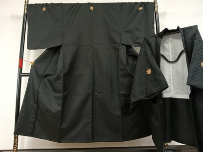 平和屋着物●男性　黒紋付　羽織セット　菱地紋　キングサイズ　洗える着物　AABI1866fy