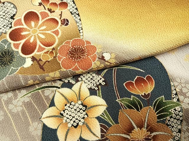 平和屋着物●豪華振袖　草花文　金彩　鬼しぼ縮緬　仮絵羽　逸品　未使用　AABI1881fy