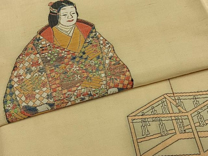 平和屋着物●京の名門・菱屋六右ェ門　紬　訪問着　刺繍　人物文　正絹　逸品　未使用　AABI1882fy