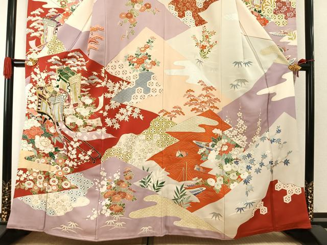 平和屋着物●豪華振袖　駒刺繍　御所車花文　金銀彩　正絹　逸品　AABI1887fy
