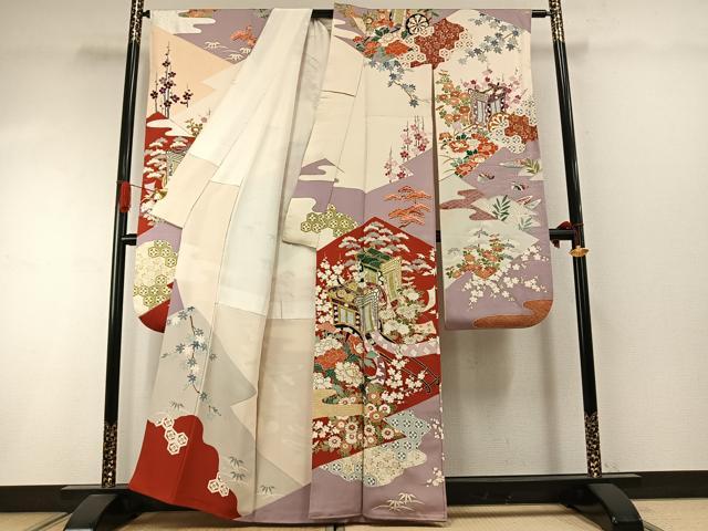 平和屋着物●豪華振袖　駒刺繍　御所車花文　金銀彩　正絹　逸品　AABI1887fy