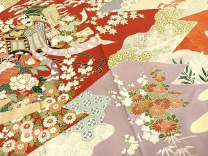 平和屋着物●豪華振袖　駒刺繍　御所車花文　金銀彩　正絹　逸品　AABI1887fy