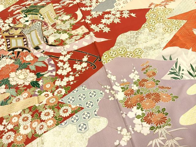 平和屋着物●豪華振袖　駒刺繍　御所車花文　金銀彩　正絹　逸品　AABI1887fy