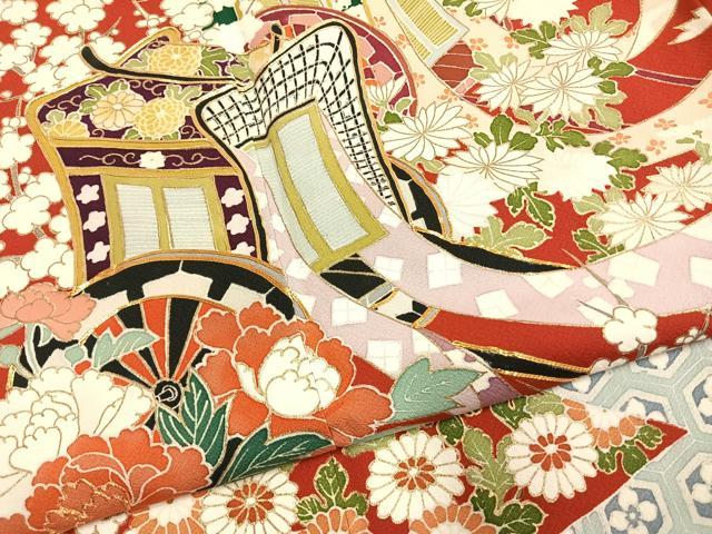 平和屋着物●豪華振袖　駒刺繍　御所車花文　金銀彩　正絹　逸品　AABI1887fy