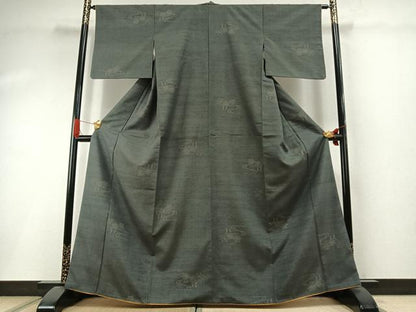 平和屋着物●結城紬　80亀甲　飛び亀甲柄　流水舞葉文　さが美扱い　正絹　逸品　AABI1896fy