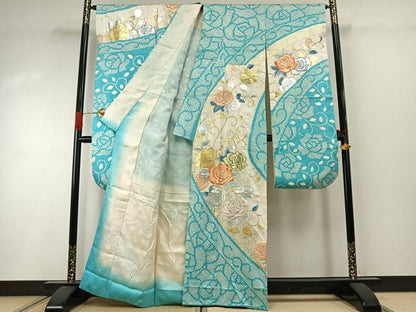 平和屋着物●豪華振袖　駒刺繍　絞り　薔薇　金銀彩　正絹　逸品　AABI1902fy