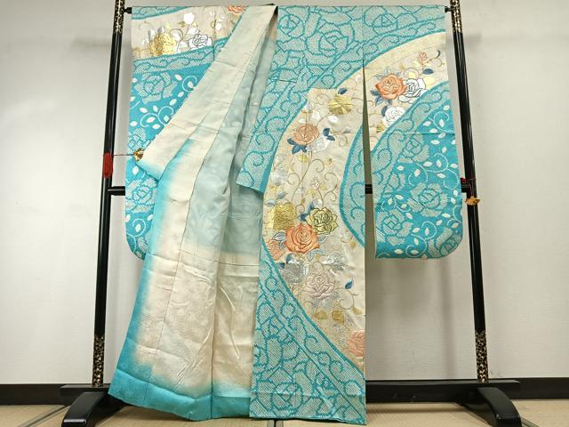 平和屋着物●豪華振袖　駒刺繍　絞り　薔薇　金銀彩　正絹　逸品　AABI1902fy