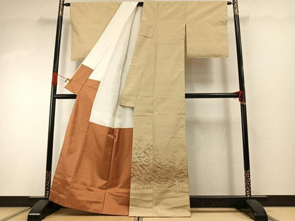 平和屋着物●上質な紬　訪問着　手描き　草葉文　正絹　逸品　AABI1927fy