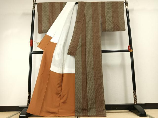 平和屋着物●奥能登紬　間道　反端付き　正絹　逸品　未使用　AABI1961fy