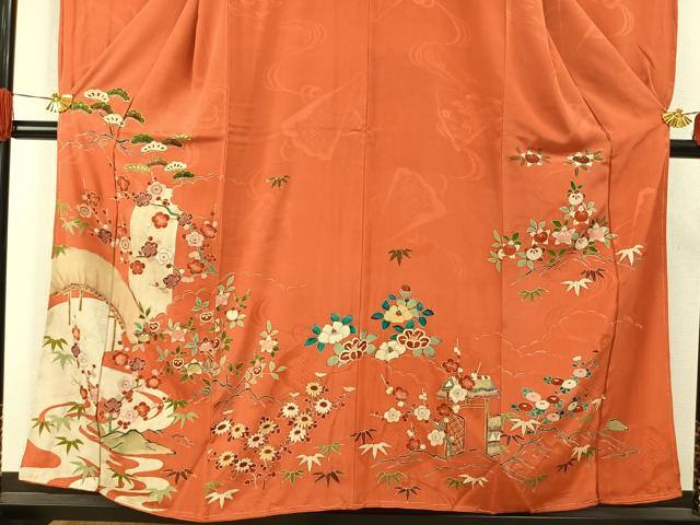 平和屋着物●アンティーク　大正ロマン　小振袖　刺繍　松竹梅　金彩　正絹　逸品　AABI1964fy