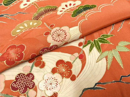 平和屋着物●アンティーク　大正ロマン　小振袖　刺繍　松竹梅　金彩　正絹　逸品　AABI1964fy