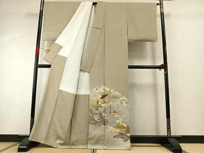 平和屋着物●訪問着　友禅　駒刺繍　松竹梅　風景花鳥文　暈し染め　金彩　正絹　逸品　AABI1986fy