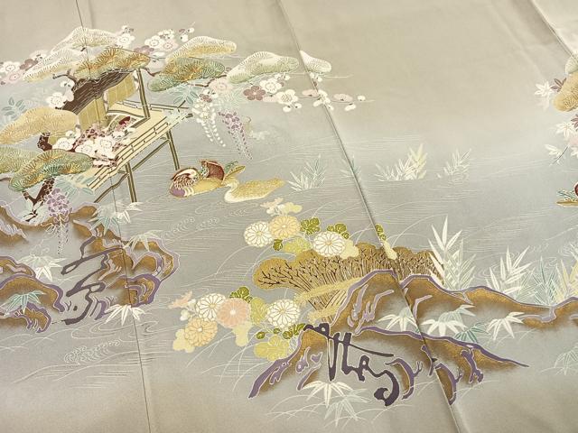 平和屋着物●訪問着　友禅　駒刺繍　松竹梅　風景花鳥文　暈し染め　金彩　正絹　逸品　AABI1986fy