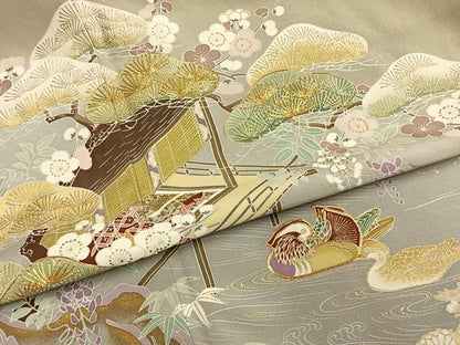 平和屋着物●訪問着　友禅　駒刺繍　松竹梅　風景花鳥文　暈し染め　金彩　正絹　逸品　AABI1986fy