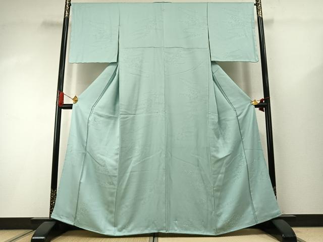 平和屋着物●上質な色無地　流水草花地紋　錆青磁色　正絹　逸品　AABI1988fy