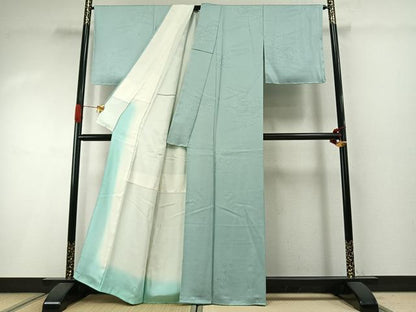平和屋着物●上質な色無地　流水草花地紋　錆青磁色　正絹　逸品　AABI1988fy