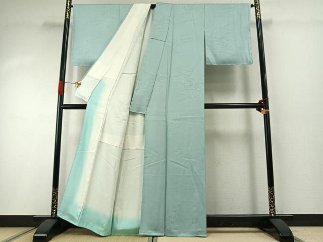 平和屋着物●上質な色無地　流水草花地紋　錆青磁色　正絹　逸品　AABI1988fy