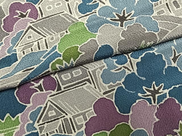 平和屋着物●上質な小紋　風景文　鬼しぼ縮緬　正絹　逸品　AABI1989fy