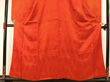 平和屋着物●アンティーク　大正ロマン　小振袖　花鳥地紋　紅緋色　正絹　逸品　AABI1998fy