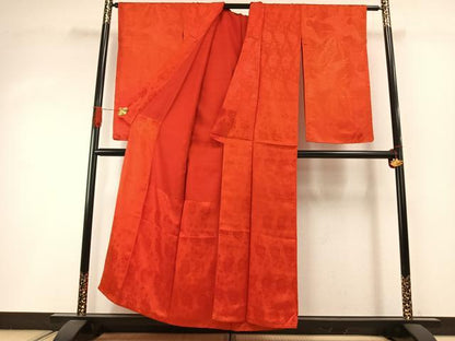 平和屋着物●アンティーク　大正ロマン　小振袖　花鳥地紋　紅緋色　正絹　逸品　AABI1998fy
