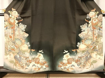 平和屋着物●アンティーク　大正ロマン　黒留袖　両褄　駒刺繍　扇面花文　暈し染め　正絹　逸品　AABI1999fy
