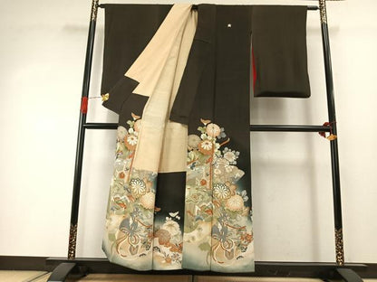 平和屋着物●アンティーク　大正ロマン　黒留袖　両褄　駒刺繍　扇面花文　暈し染め　正絹　逸品　AABI1999fy