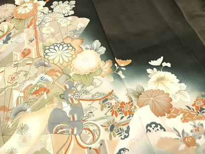 平和屋着物●アンティーク　大正ロマン　黒留袖　両褄　駒刺繍　扇面花文　暈し染め　正絹　逸品　AABI1999fy