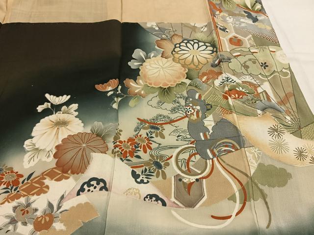 平和屋着物●アンティーク　大正ロマン　黒留袖　両褄　駒刺繍　扇面花文　暈し染め　正絹　逸品　AABI1999fy