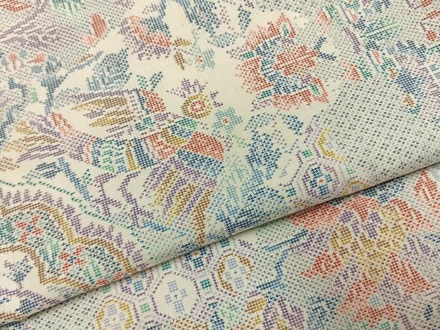 平和屋着物●本場大島紬　白大島　カタス9マルキ　花鳥文　正絹　逸品　AABI2010fy